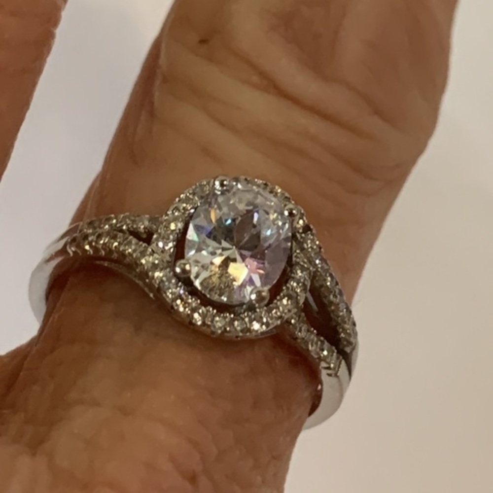 Sterling silver round cut large center cz crystal cocktail ring halo design